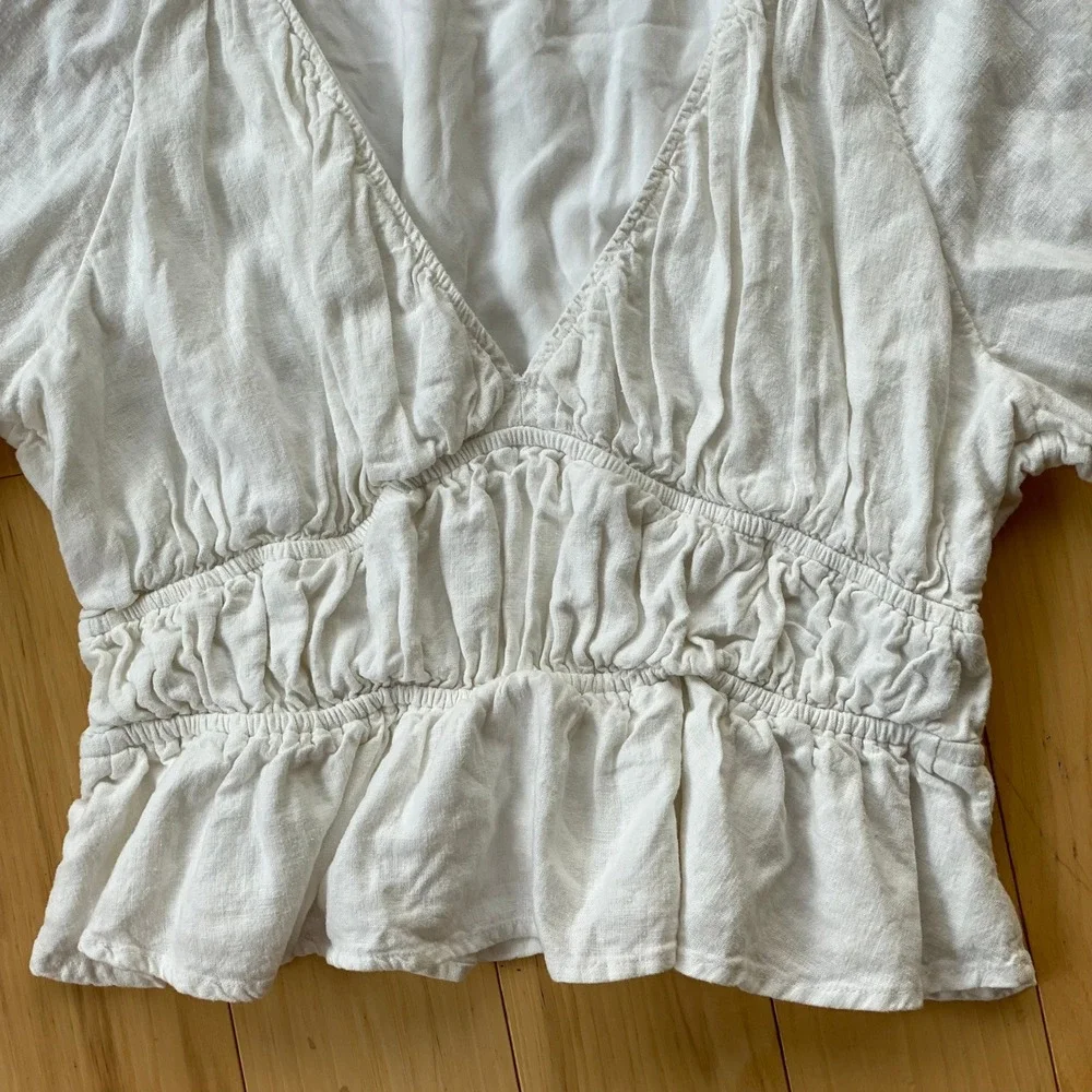 Abercrombie & Fitch Boho White Linen Blend Peplum Top Puff Sleeve Ruched - Large
